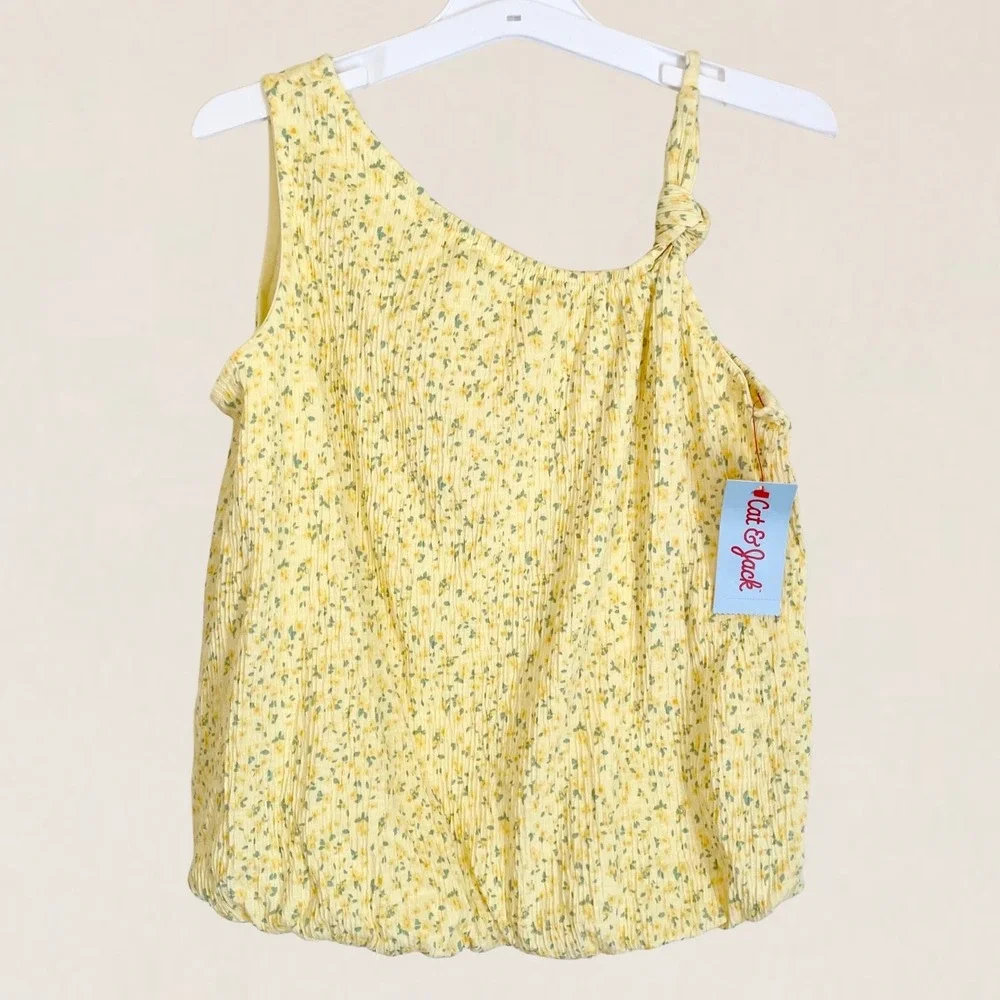 Cat & Jack Girls XL 14 Yellow Floral One Shoulder Bubble Hem Tank Top NWT